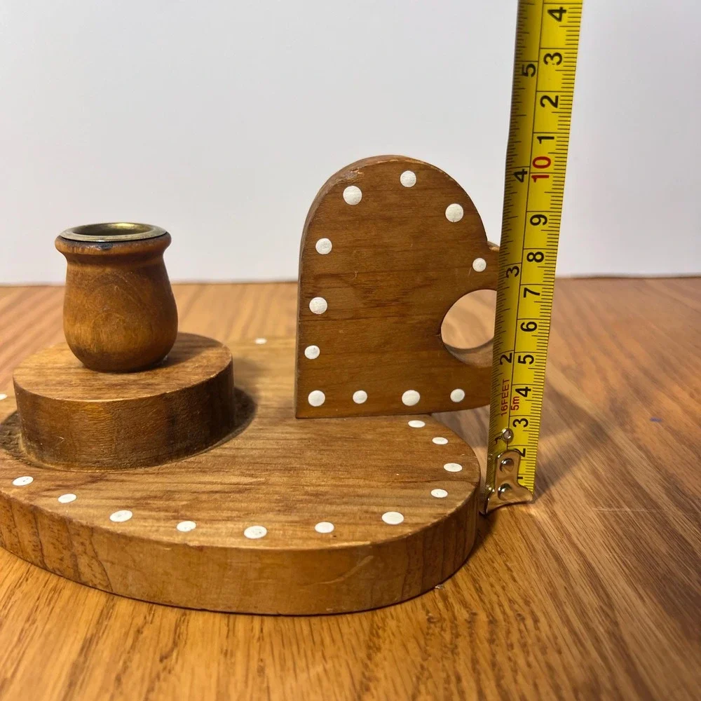 Vintage Wooden Heart Candle Holder Folk Art Polka Dot Wood Candlestick cottage